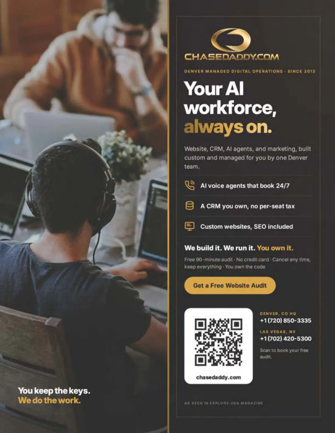 ChaseDaddy.com ad: Your AI workforce, always on. AI voice agents, a CRM you own, and custom websites with SEO included.