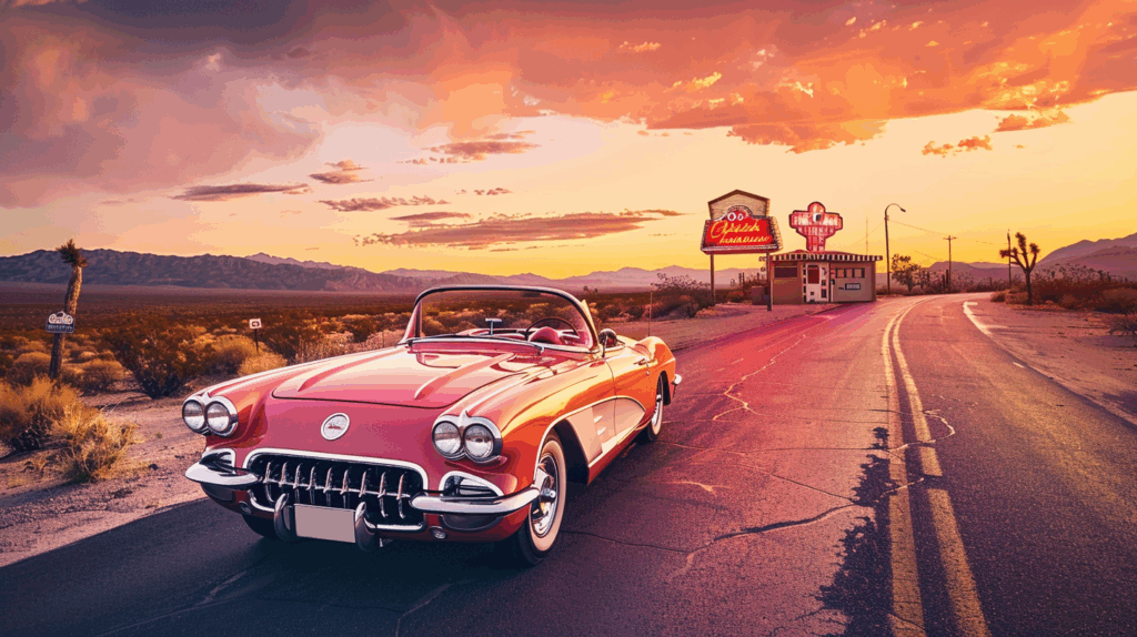 Themed Road Trips: Unique Routes for Every Type of Traveler A Vintage Convertible Cruising Down Route 66 1024x574