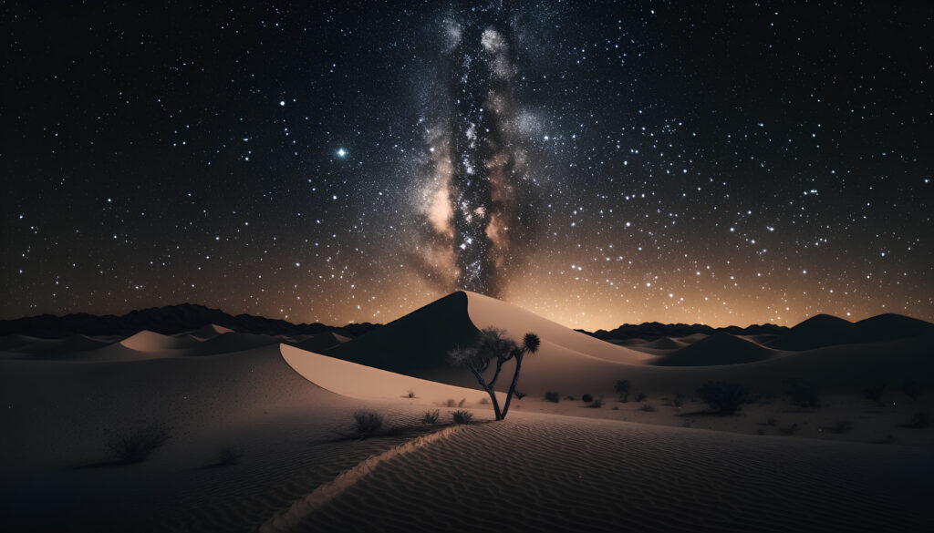 desert landscape with starry sky and milky way, 3d render