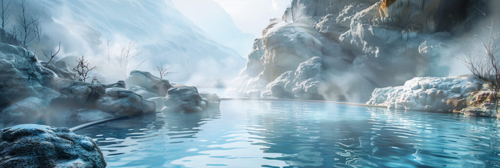 a steaming hot spring pool nestled in a snowy mountain valley, with clear blue water and a hint of sunlight. generative ai