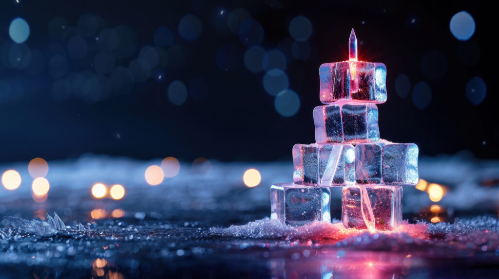 ice tower with glowing elements surrounded by blurred lights and dark background creating a mystical winter atmosphere