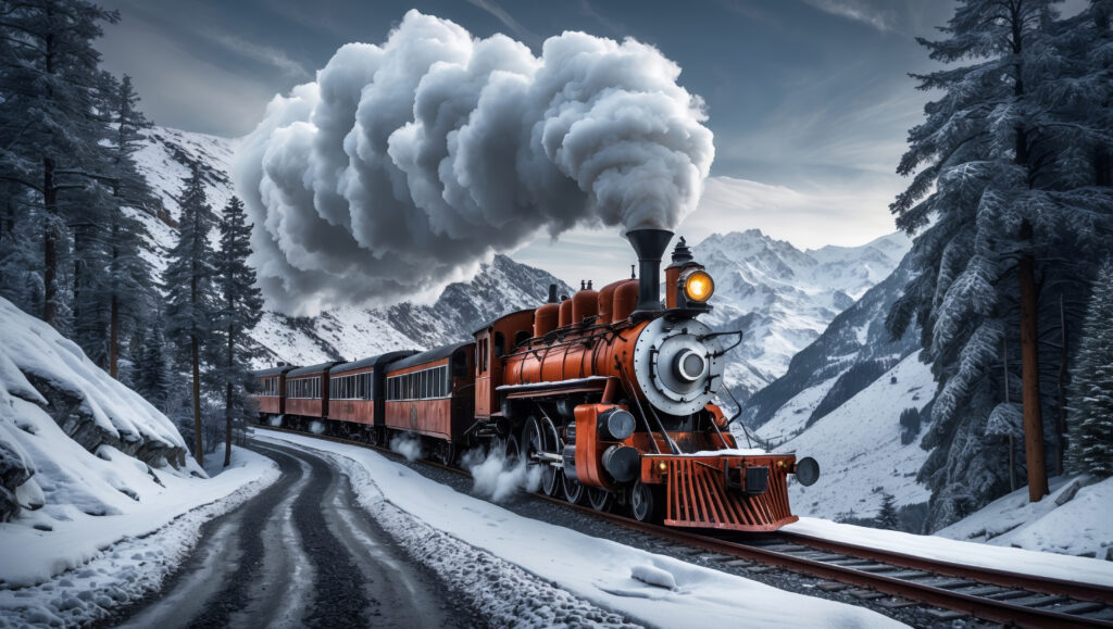 majestic steam train travels through snowy mountain pass with towering peaks and evergreen trees