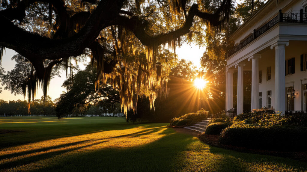 classic southern plantation house at sunset with trees